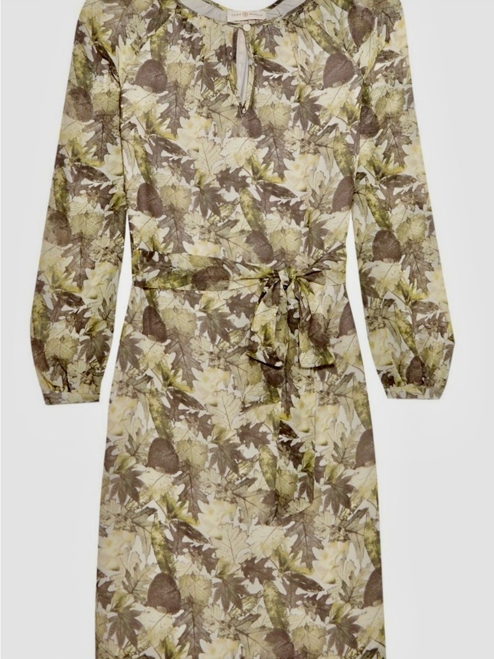 Tory Burch Lisa Silk Olive Cream Leaf Print Long Sleeve Tie floral Dress $425